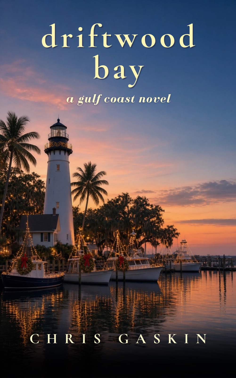 Driftwood Bay by Chris Gaskin. A lighthouse above a harbor lit for Christmas at sunset.