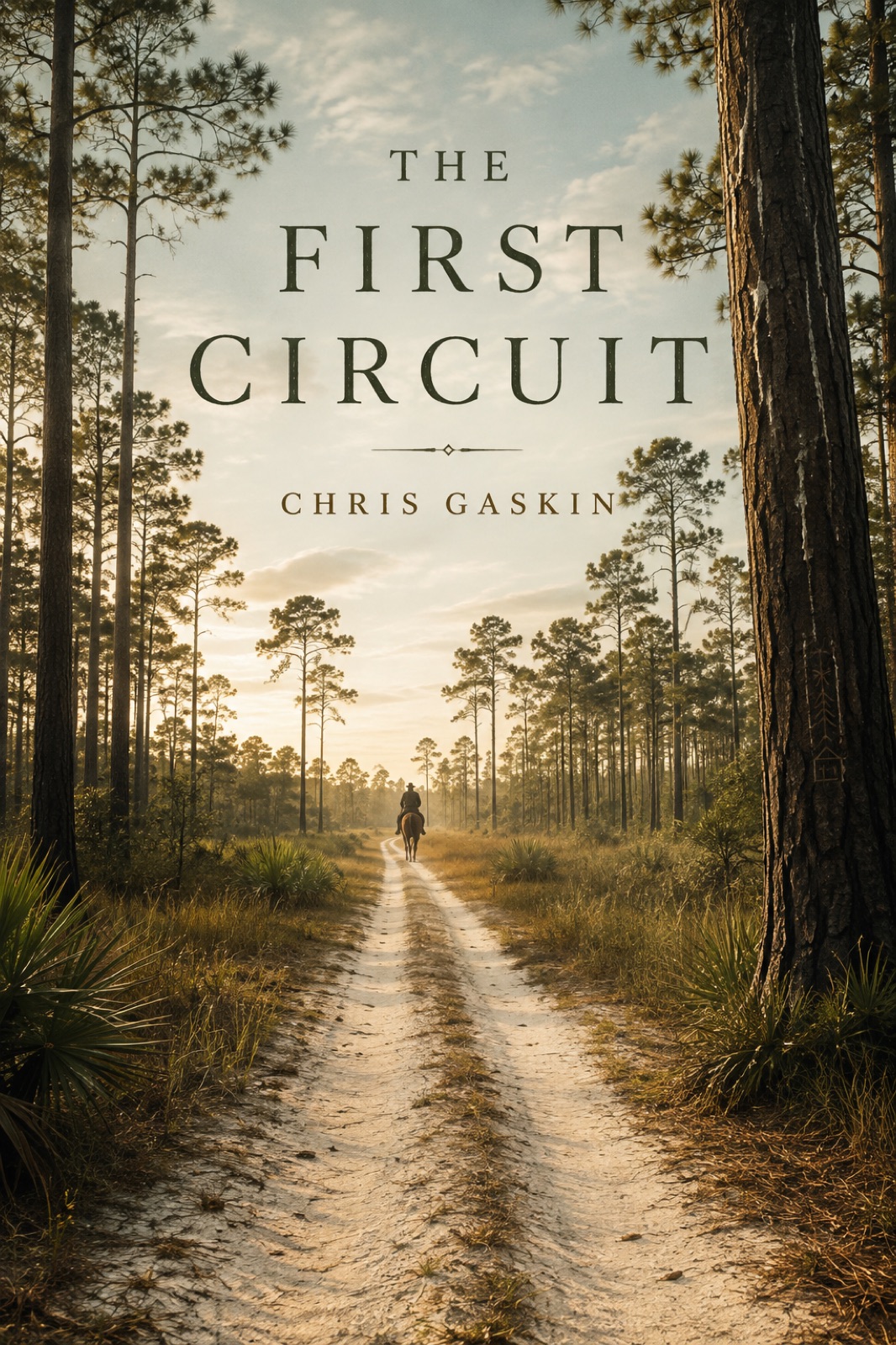 The First Circuit by Chris Gaskin, a rider on a road through pine woods