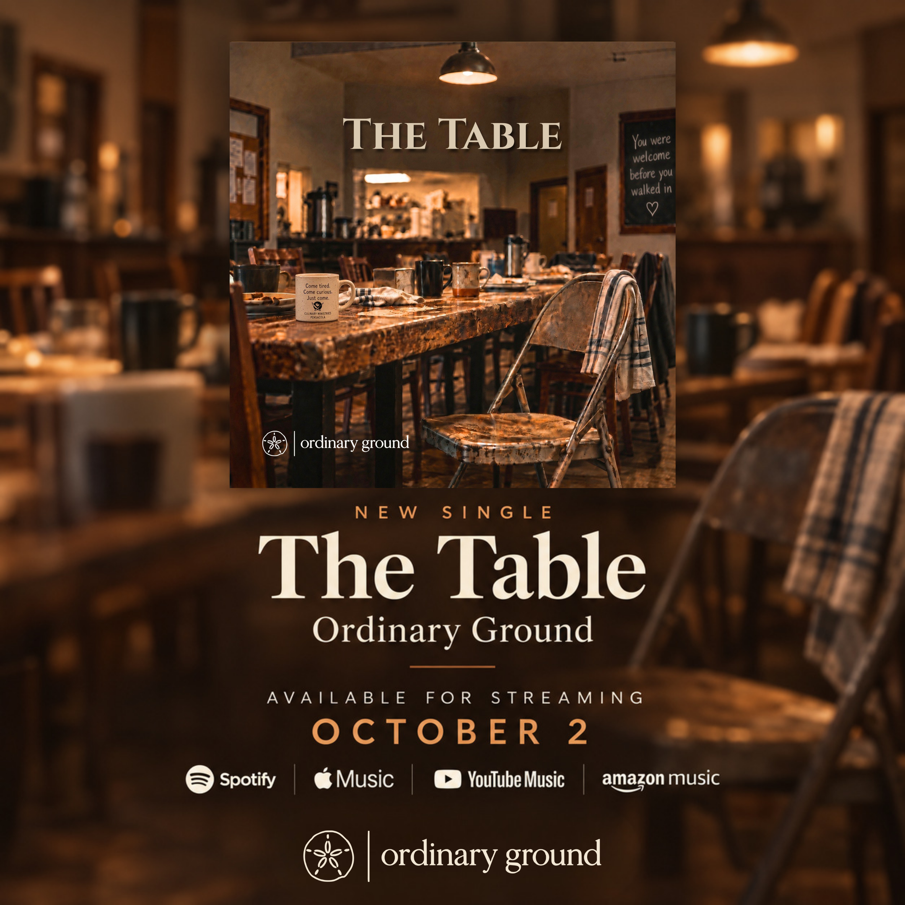 The Table by Ordinary Ground: a welcoming café table, with an October 2 release announcement